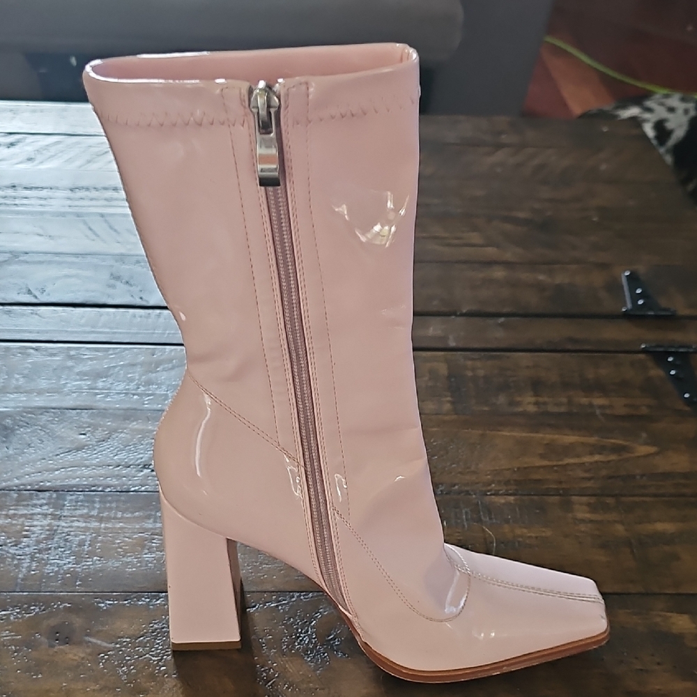 Pink Glossy Heeled Boots with Side Zipper